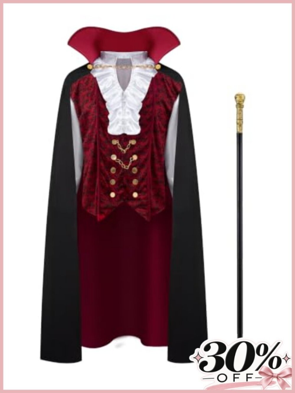 Men's Victorian Gothic Vampire Costume Shirt Cape Cane Halloween Dracula Outfit